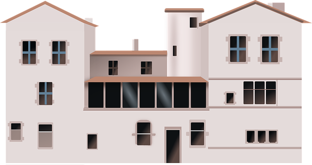 Stylized Vector House PNG — A stylized beige building with brown roof tiles and blue-framed windows under a black background.