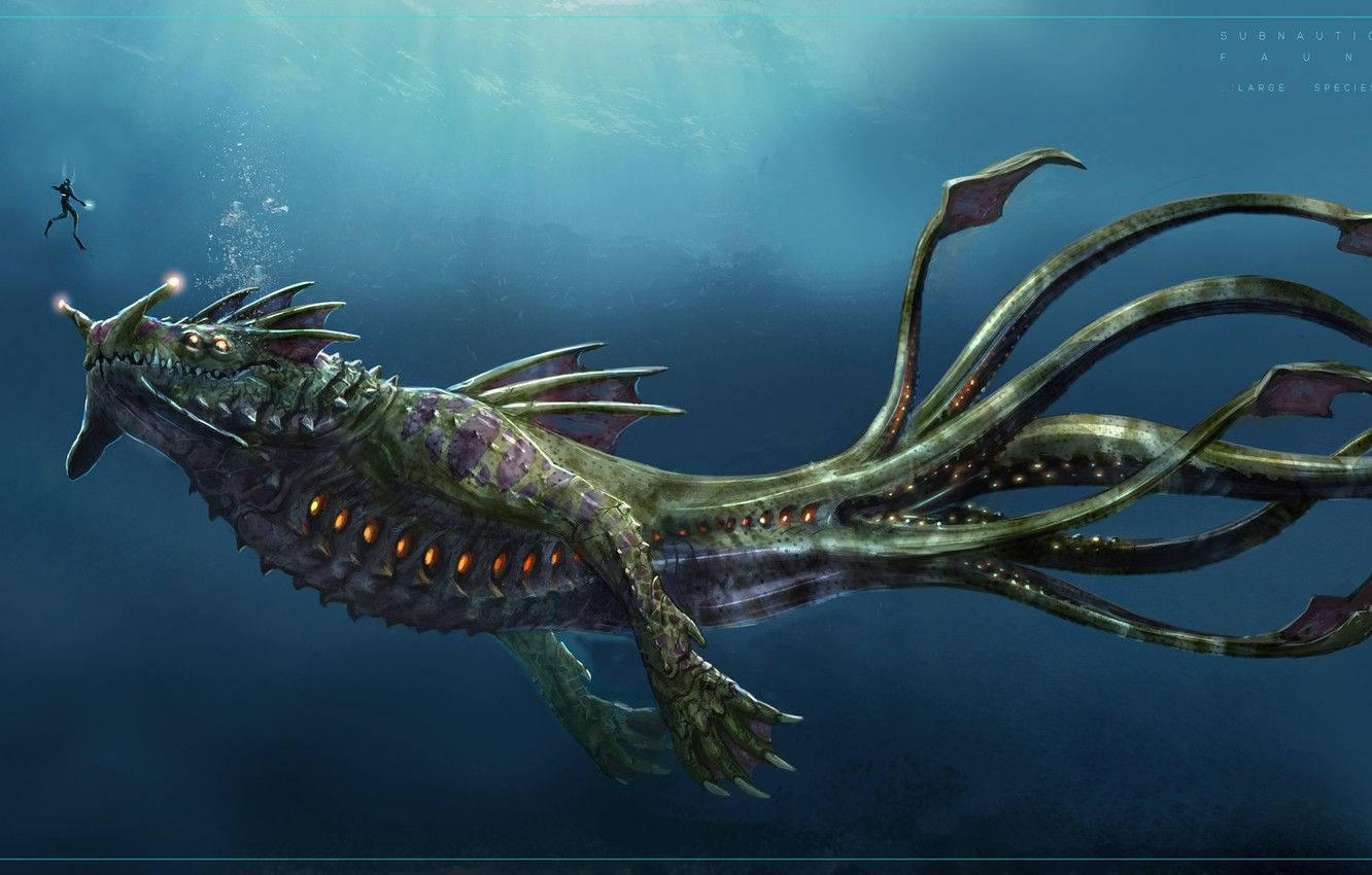 The Sea Dragon Leviathan Swimming in Subnautica's Crystal Clear Waters Wallpaper