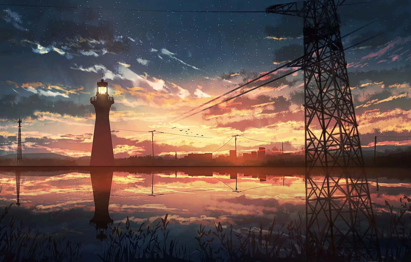 Subtle Anime Electric Utility Pole Lighthouse Scene Wallpaper