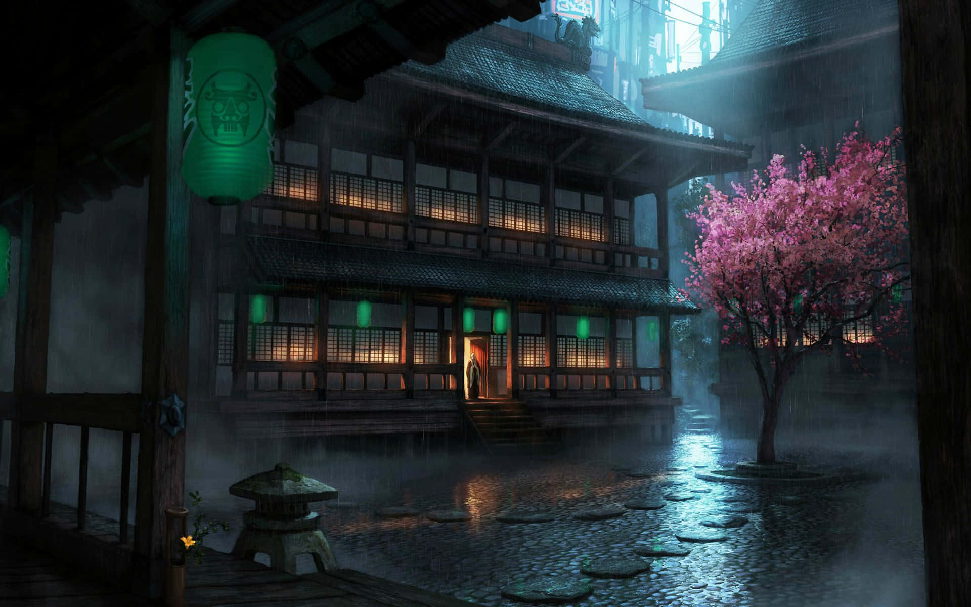 Subtil Anime Japansk Tempel Scene Wallpaper