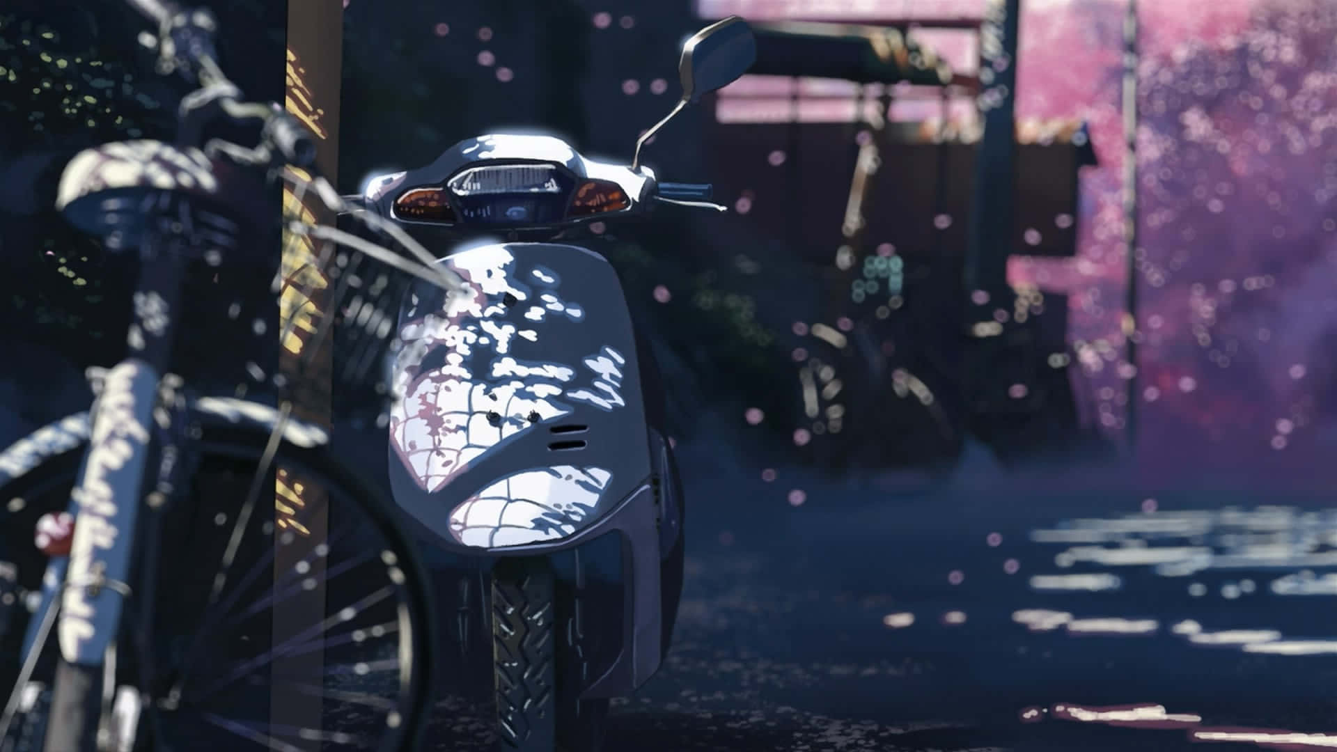 Subtil Anime Motorcykel og Cykel Scene Wallpaper