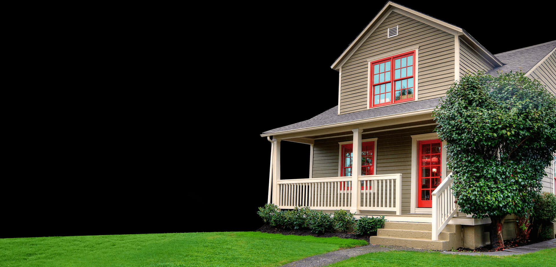 Suburban Home Exterior With Red Accents PNG