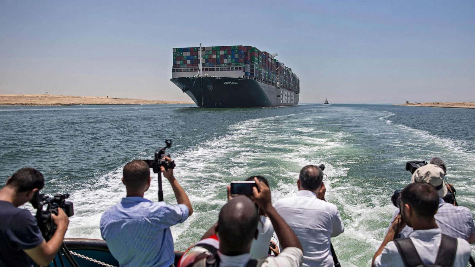 Ships traversing the Suez Canal in Egypt.