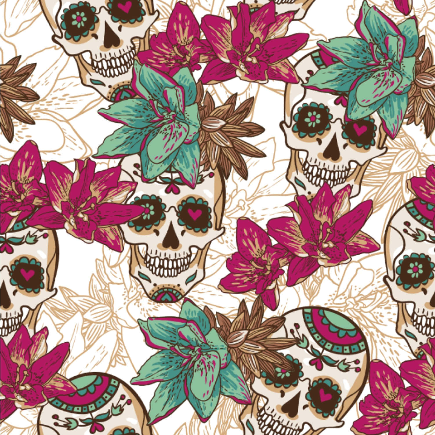 A Seamless Pattern With Sugar Skulls And Flowers
