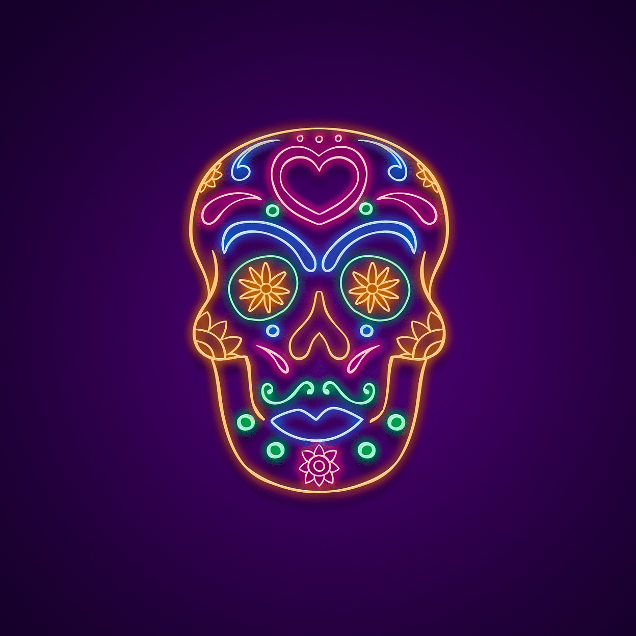 A bright and colorful sugar skull head on a white background