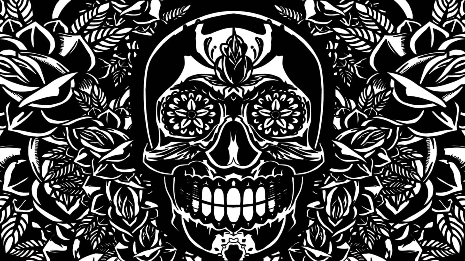 A Black And White Skull With Flowers And Leaves