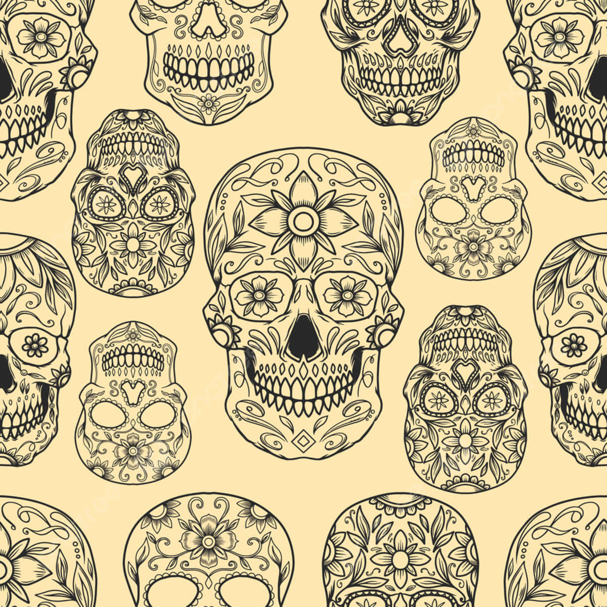 A Seamless Pattern Of Sugar Skulls On A Yellow Background