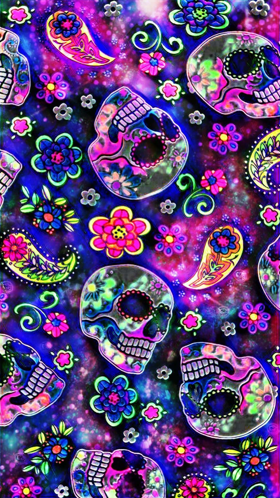 A Colorful Sugar Skulls And Flowers Pattern Wallpaper