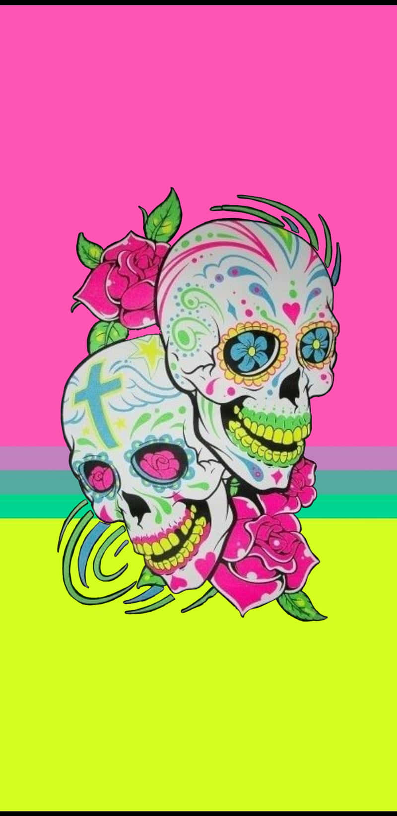 Two Sugar Skulls On A Pink And Green Background Wallpaper