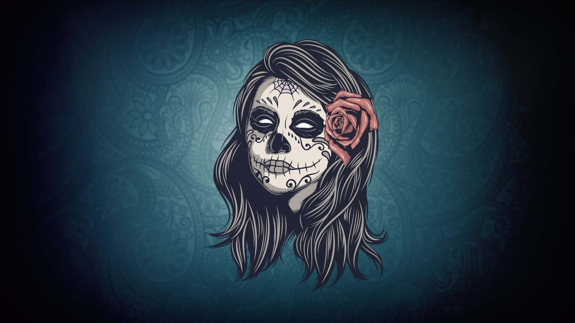 A Girl With Sugar Skull Makeup On A Blue Background Wallpaper