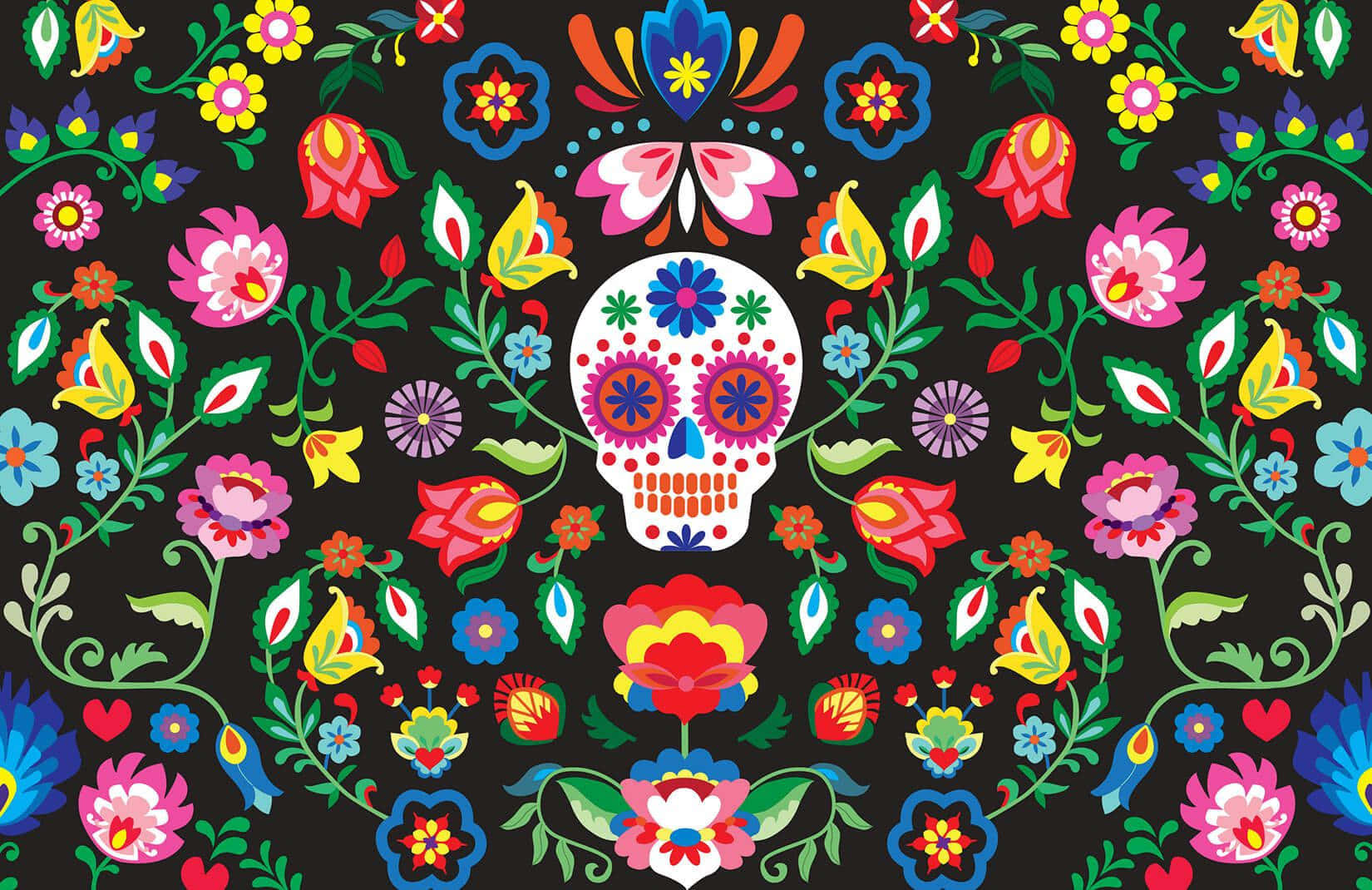 A Colorful Sugar Skull With Flowers On A Black Background Wallpaper