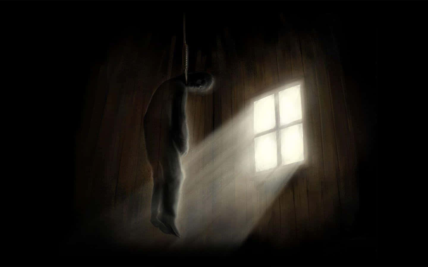 A Painting Of A Man Hanging From A Window Wallpaper