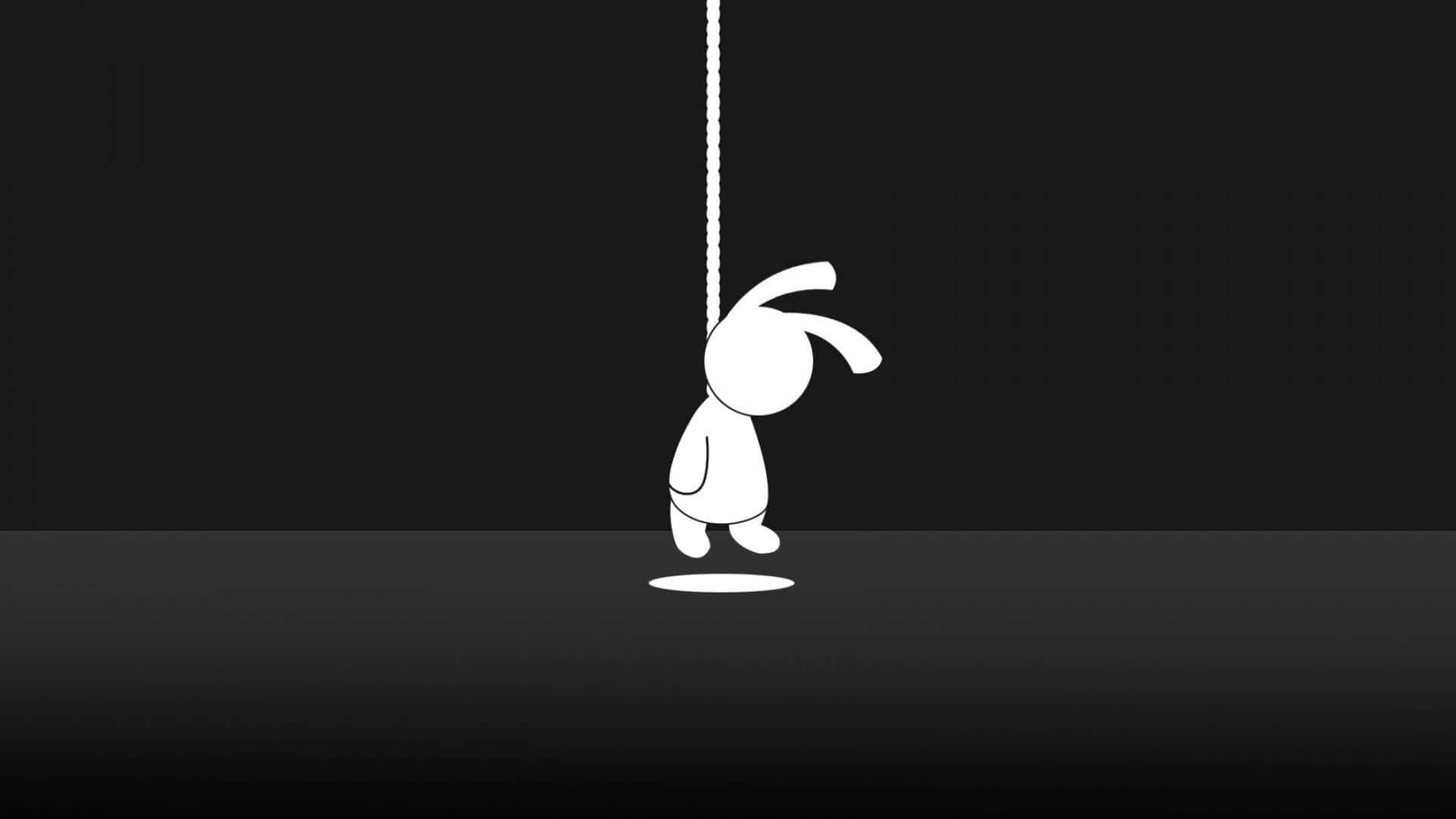 A Black And White Image Of A Rabbit Hanging From A Rope Wallpaper