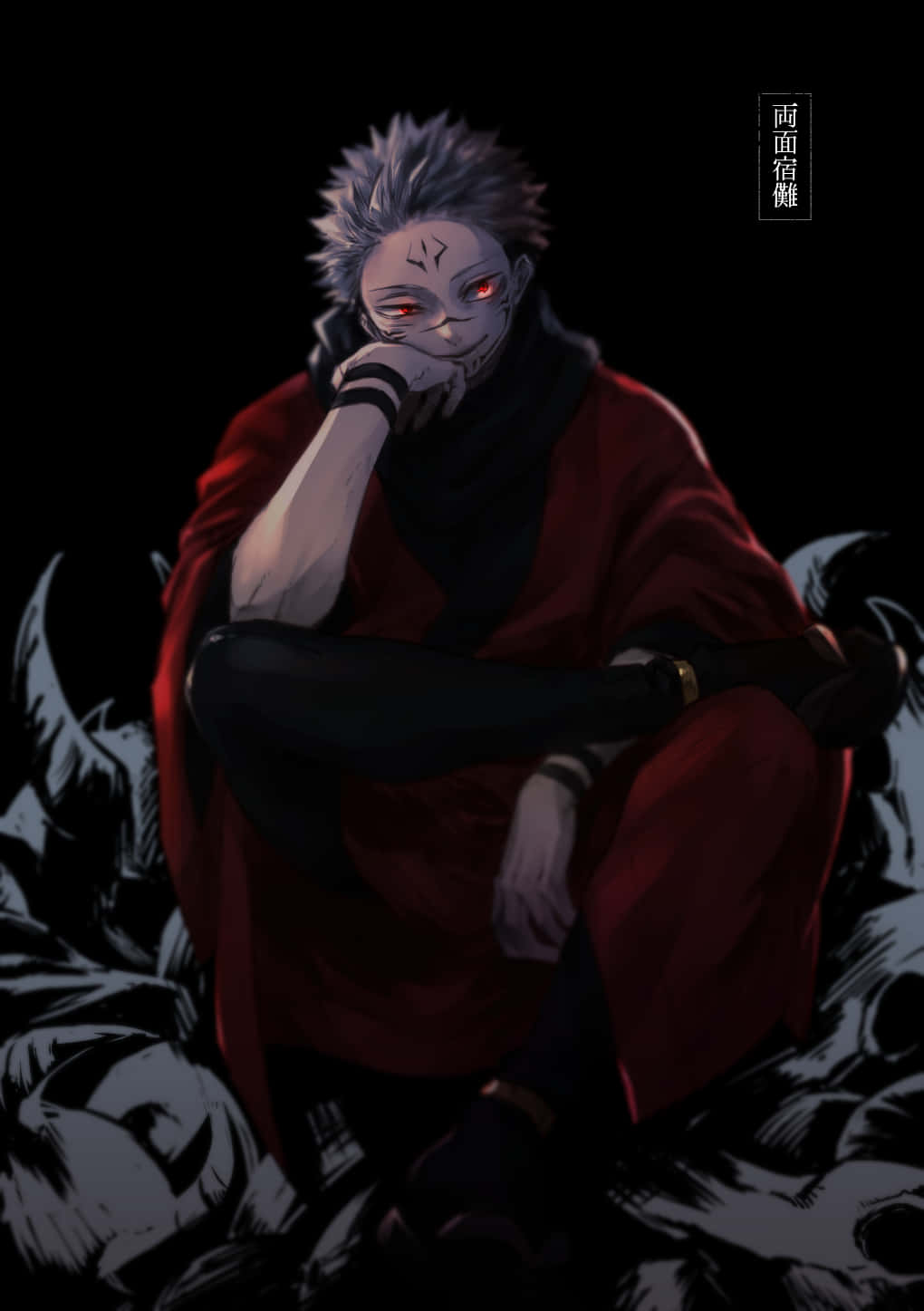 En karakter, der sidder på en sort baggrund med røde blade. Wallpaper