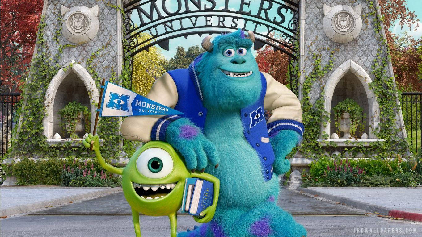 Sulley and Mike happily exploring Monsters University. Wallpaper