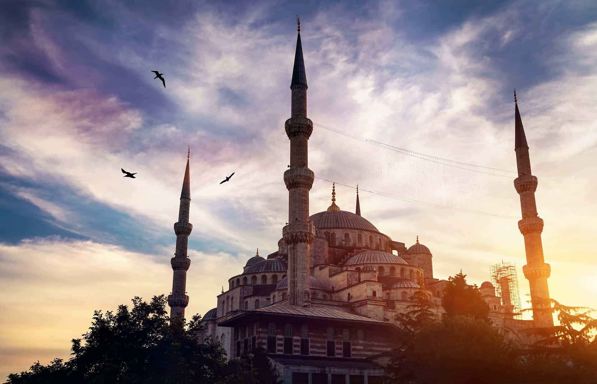 Sultan Ahmed Mosque Birds Sunset Wallpaper