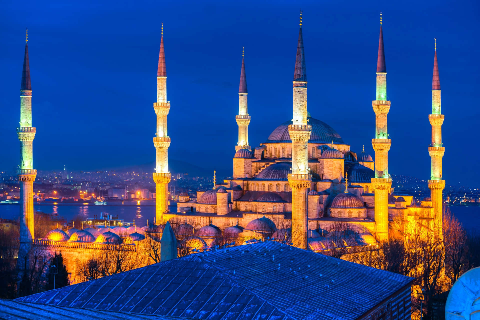 Sultan Ahmed Mosque Lighted Minarets Evening Wallpaper