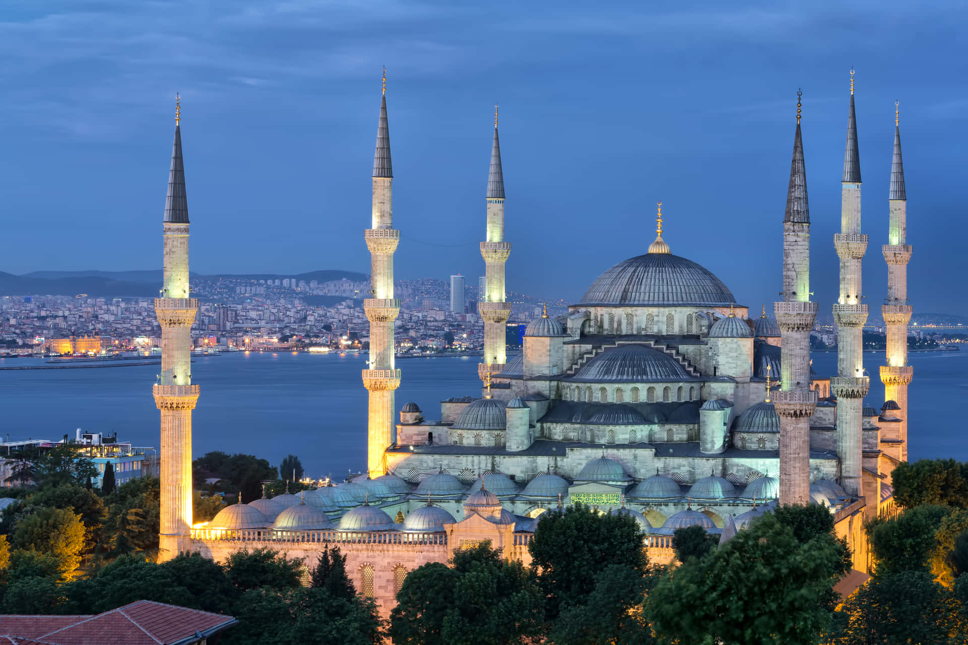 Mesquitado Sultão Ahmed Seis Minaretes À Noite. Papel de Parede