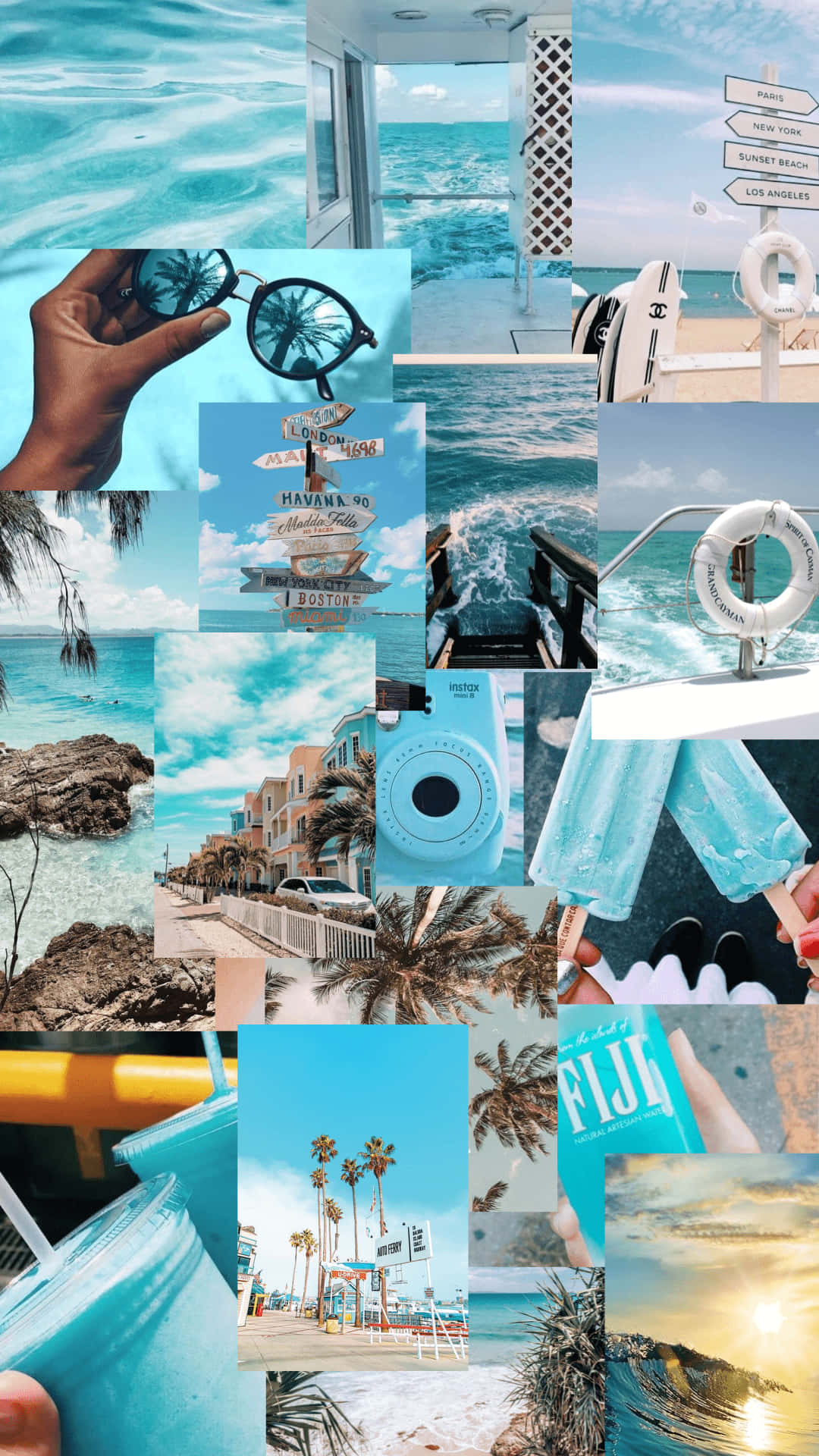 A Collage Of Photos Of Blue Beach And Ocean Wallpaper