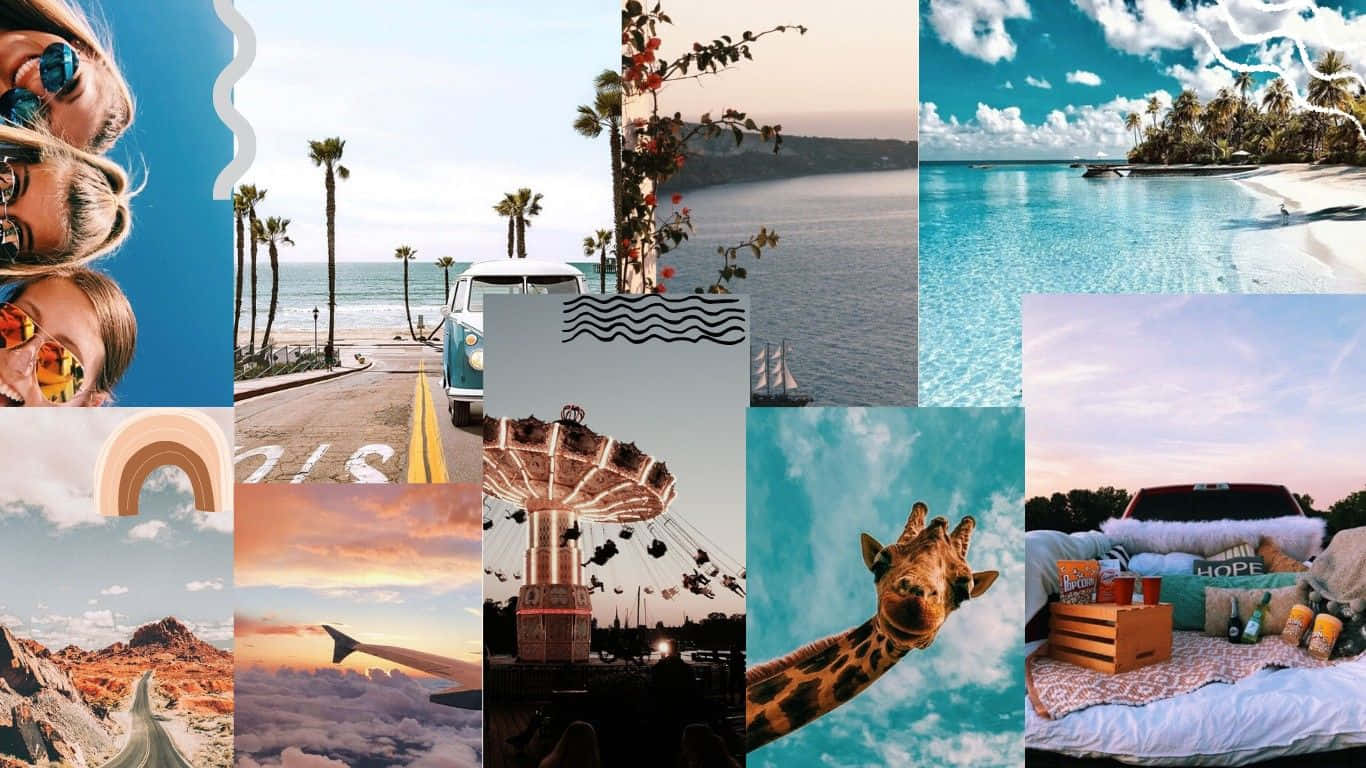 A Collage Of Photos With A Beach, Giraffe, And A Giraffe Wallpaper