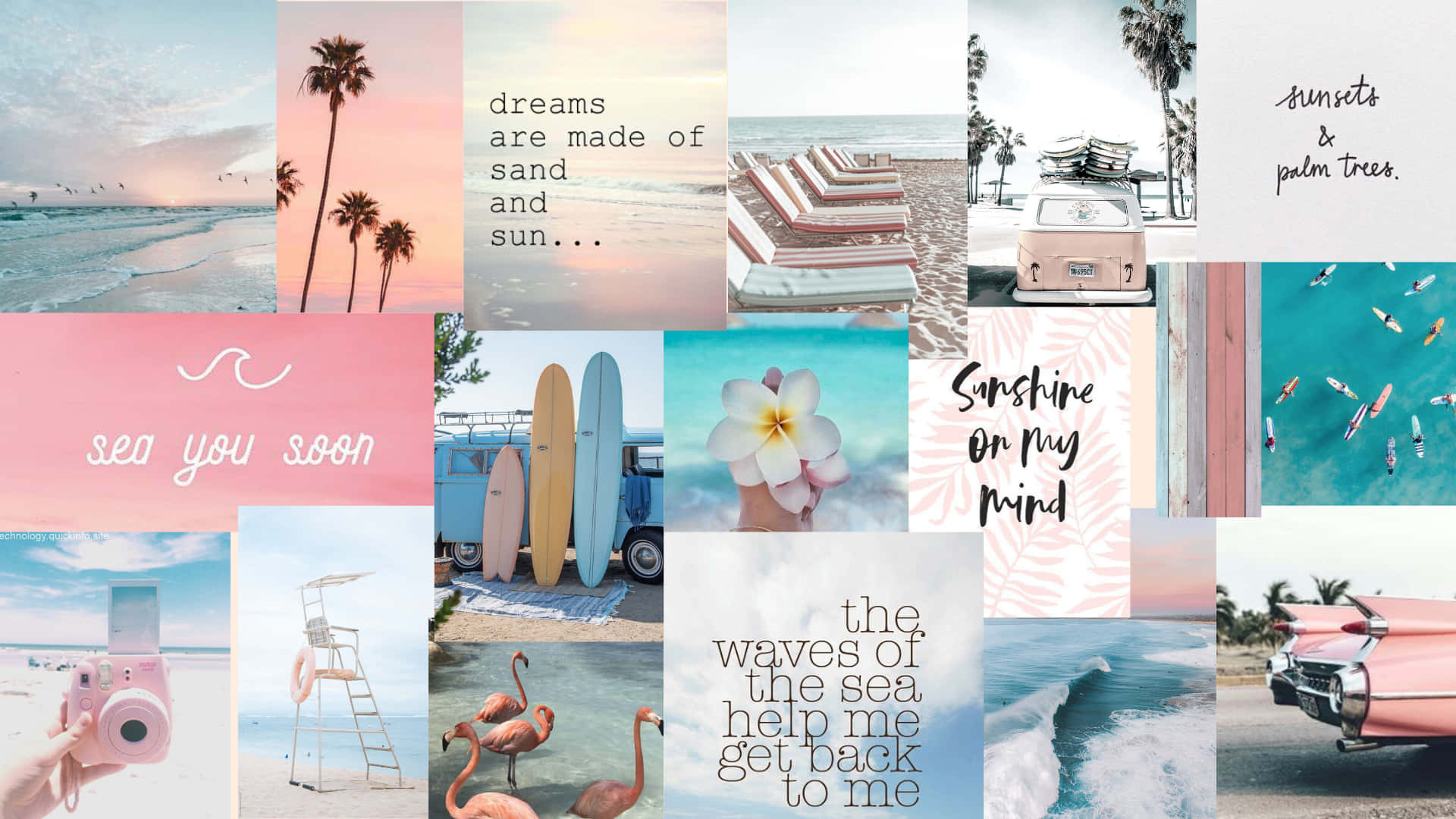 A Collage Of Photos With A Pink Car And Beach Wallpaper