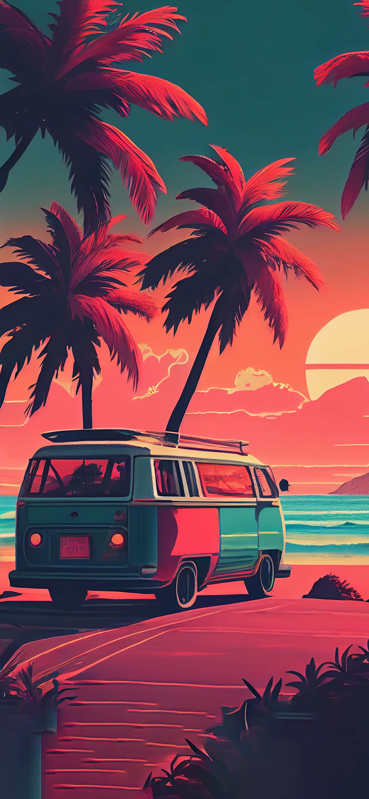 A Van On The Beach With Palm Trees