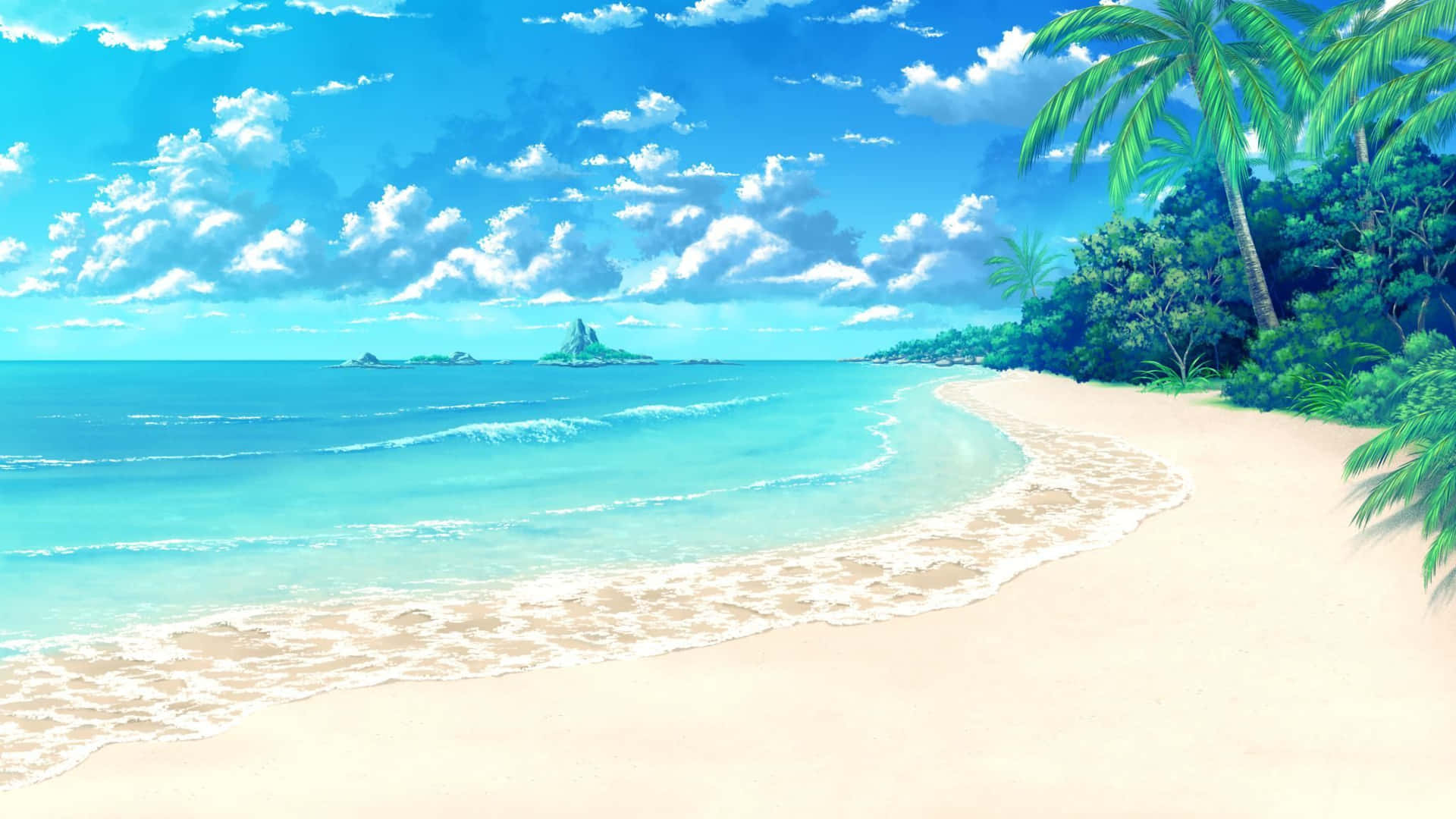 A Painting Of A Beach With Palm Trees And Blue Sky