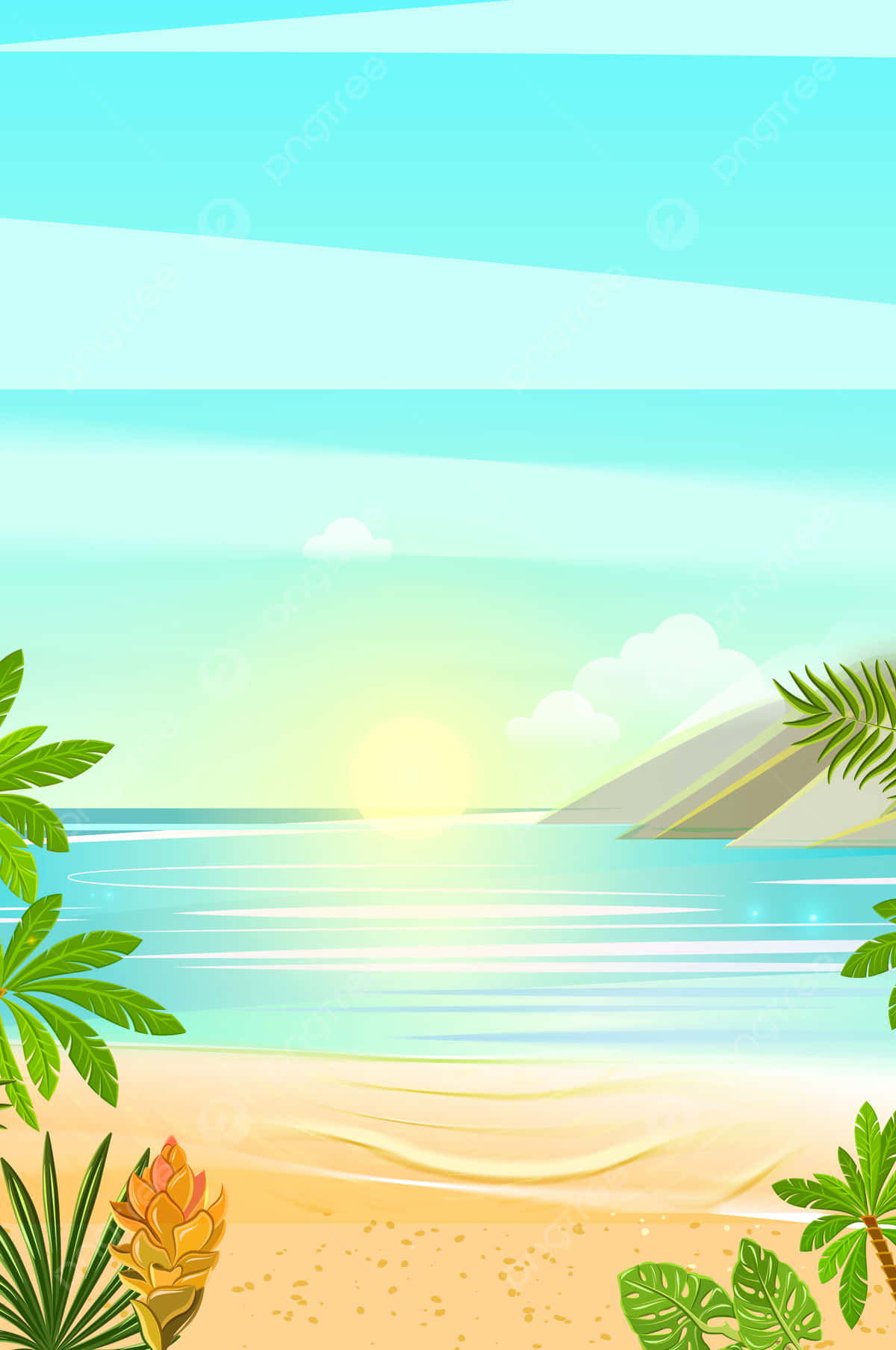 A Tropical Beach Scene With Palm Trees And A Beach