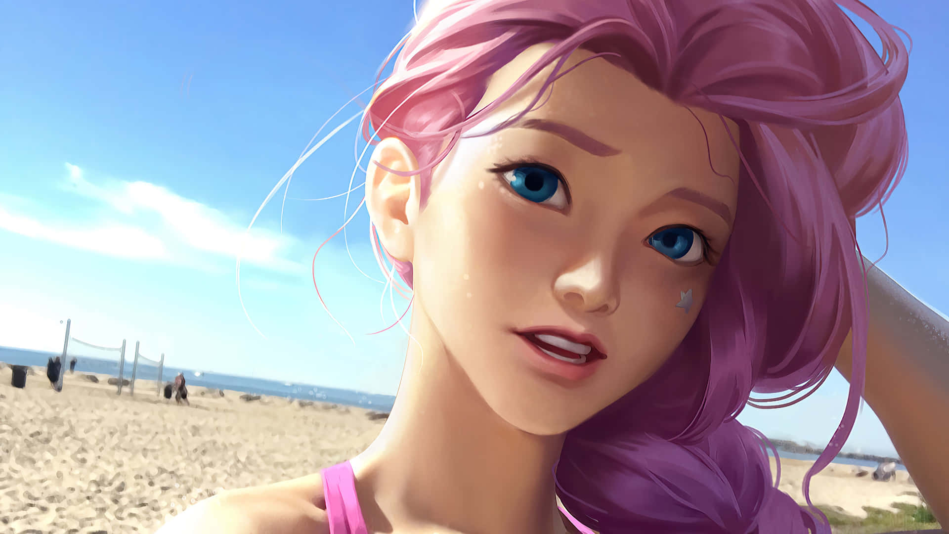 A Girl With Pink Hair Is Standing On The Beach