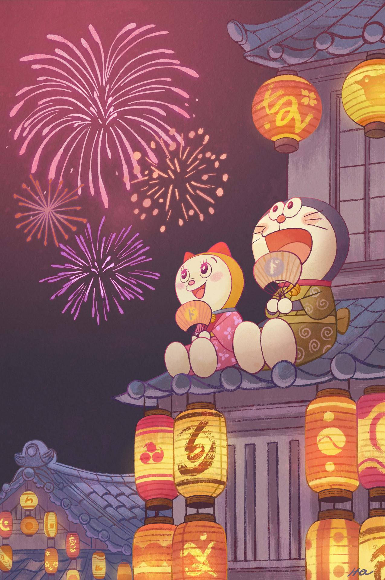 Summer Festival Dorami And Doraemon iPhone Wallpaper