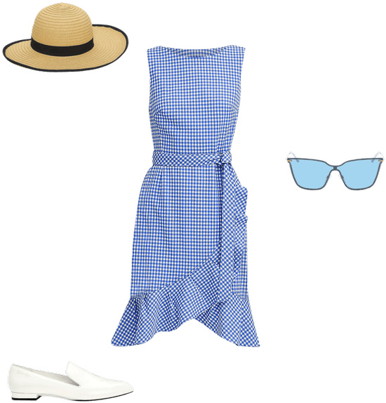 Summer Outfit Straw Hat Blue Gingham Dress White Shoes Sunglasses PNG