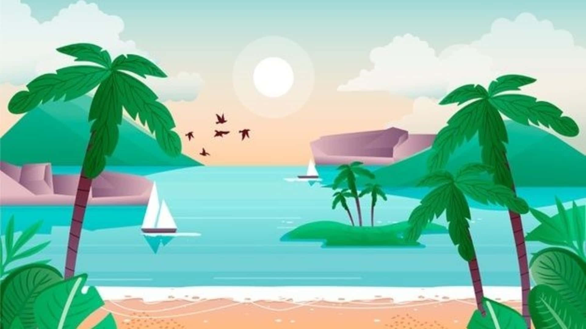 Tropical Beach Landscape With Palm Trees And Sailboats