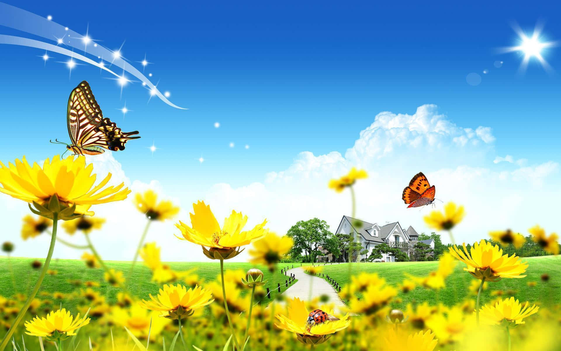 A Yellow Field With Butterflies And Flowers Wallpaper