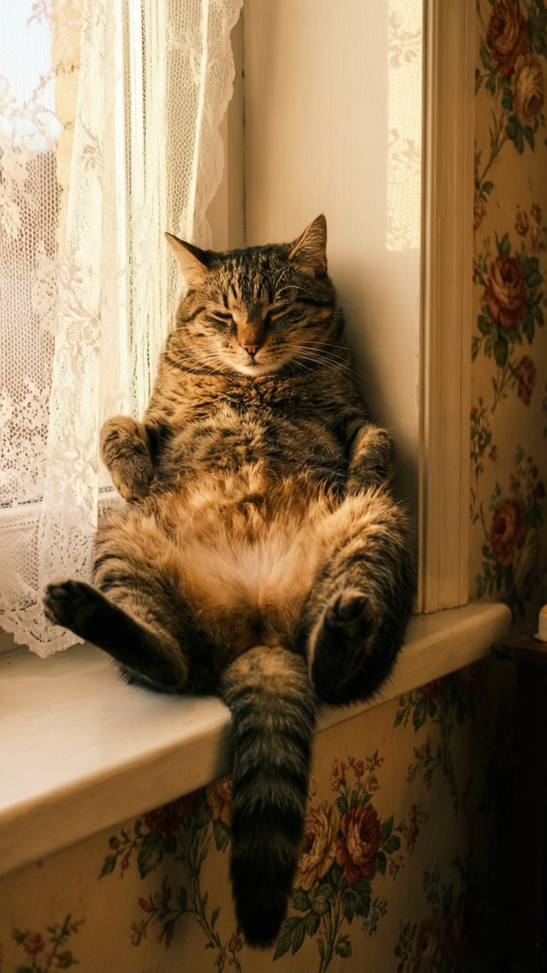 En katt som soler seg dovent i vinduskarmen.