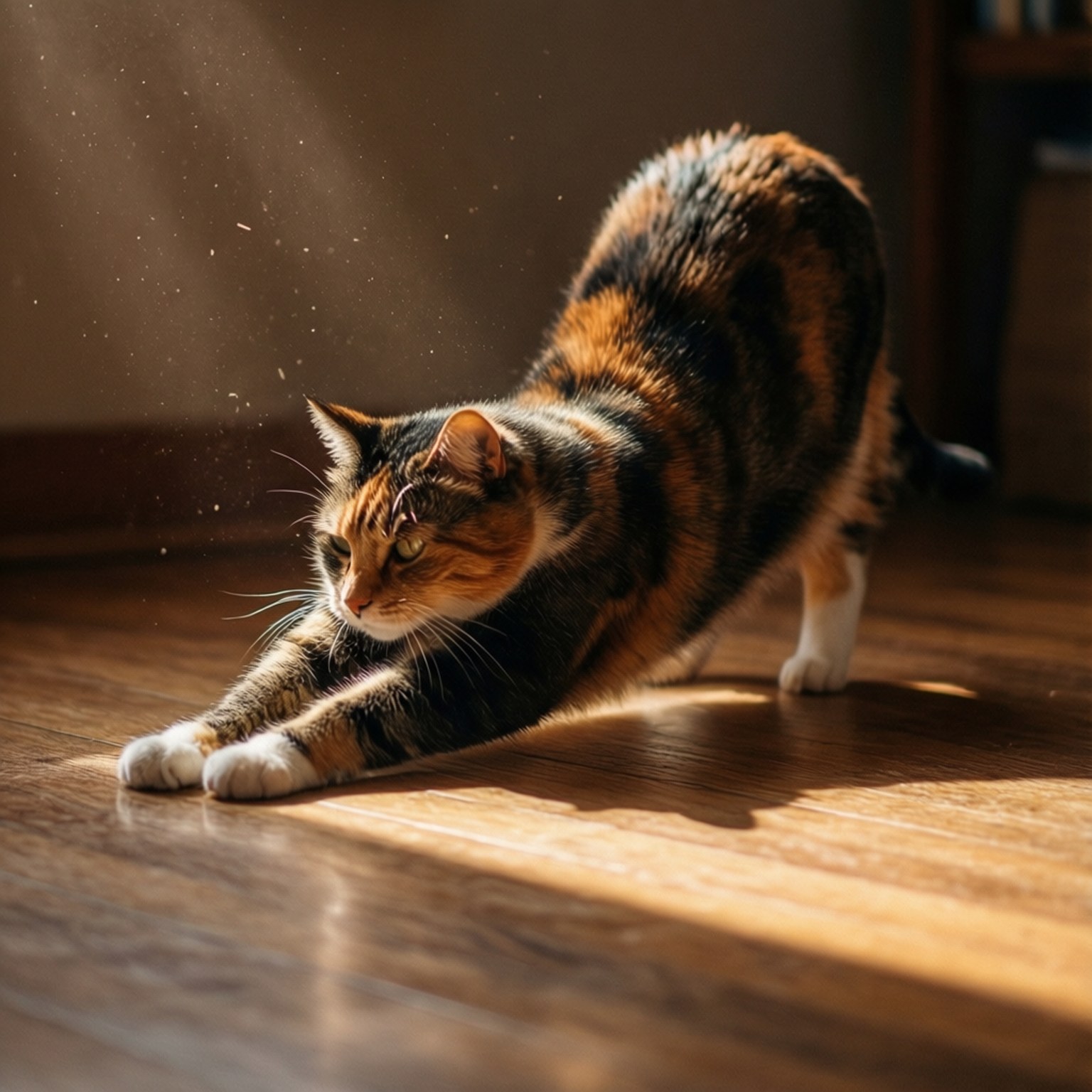 Un gato calico estirándose en un rayo de sol sobre un piso de madera.