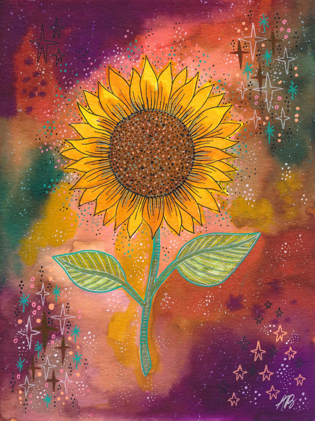 A Painting Of A Sunflower With Stars On It Wallpaper