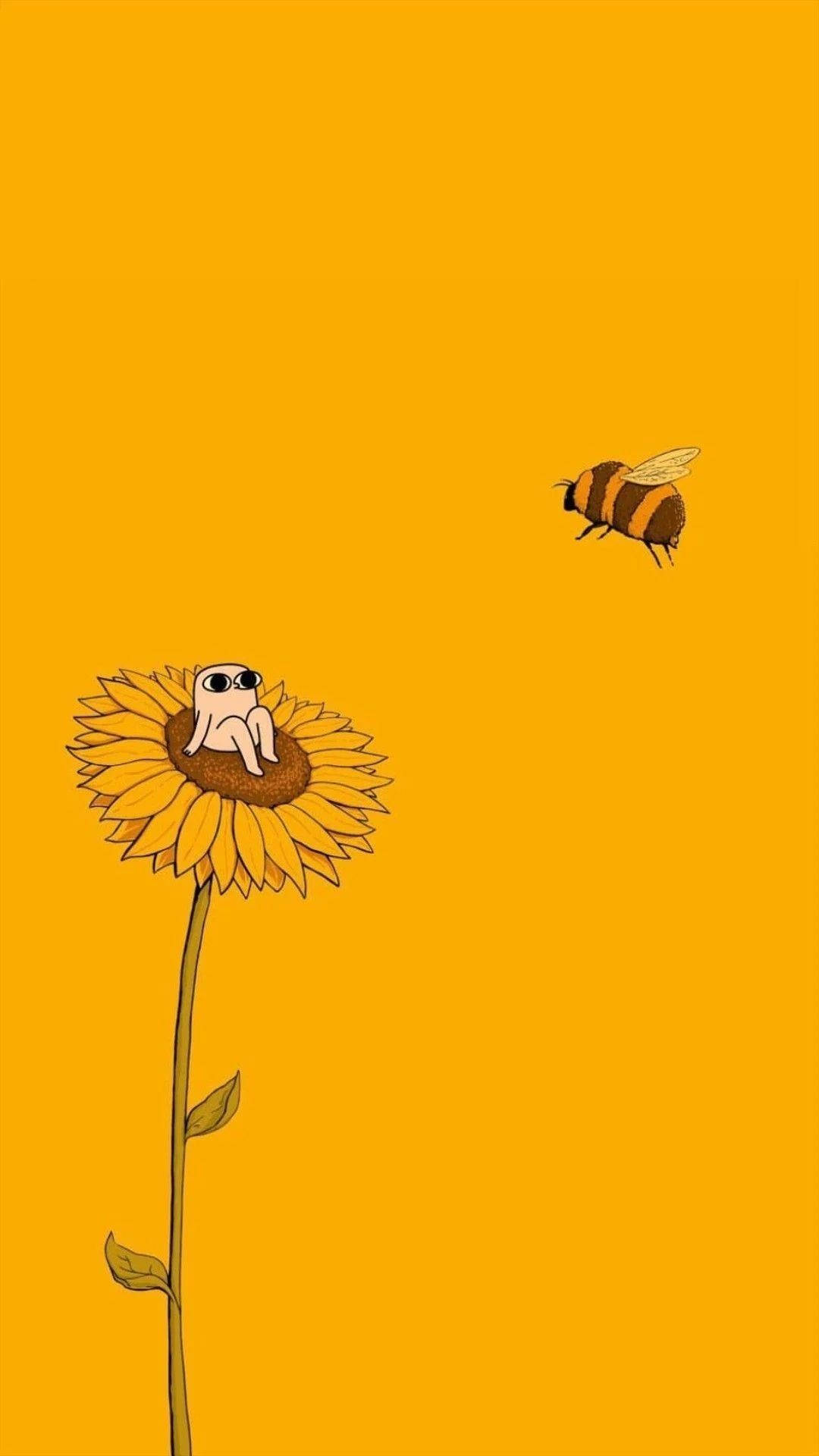 Sunflower And Bee Orange Background Wallpaper