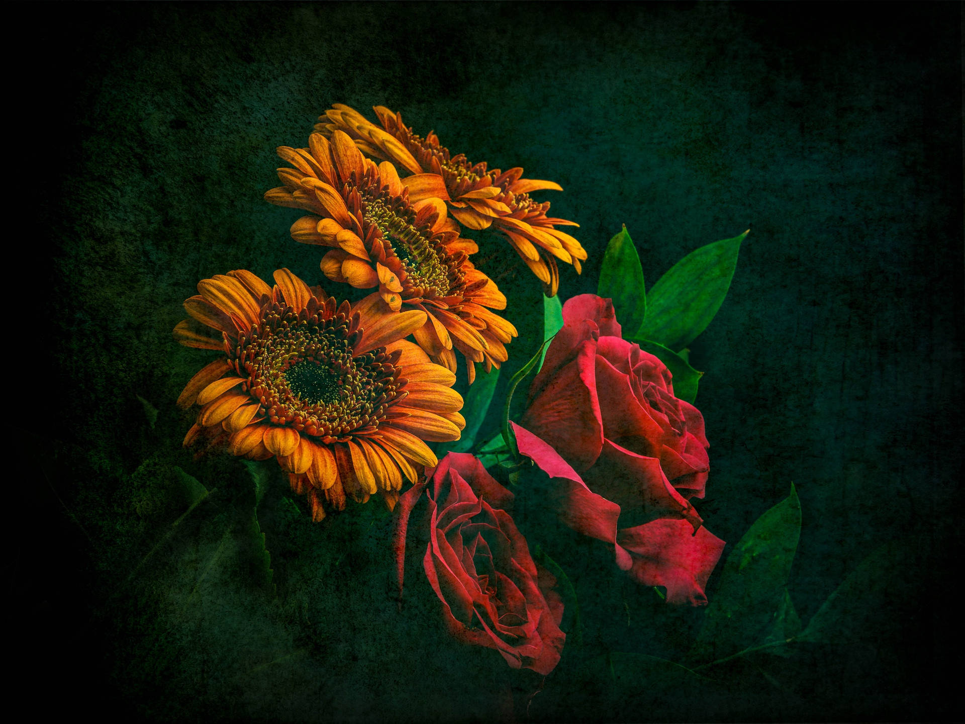 A breathtaking floral view of a bouquet of sunflowers, roses and greenery. Wallpaper