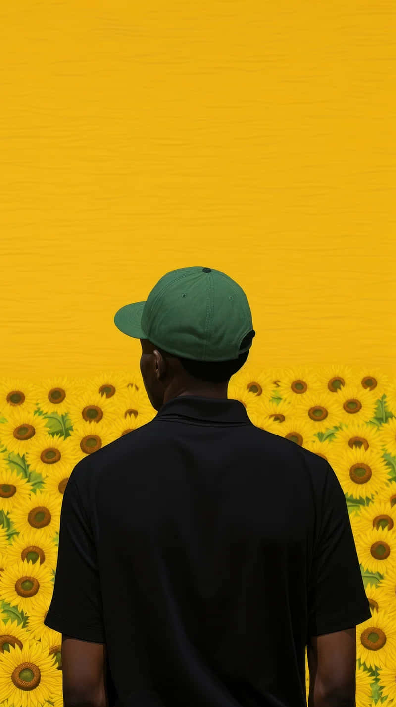 Sunflower Backdrop_ Man In Green Cap Wallpaper