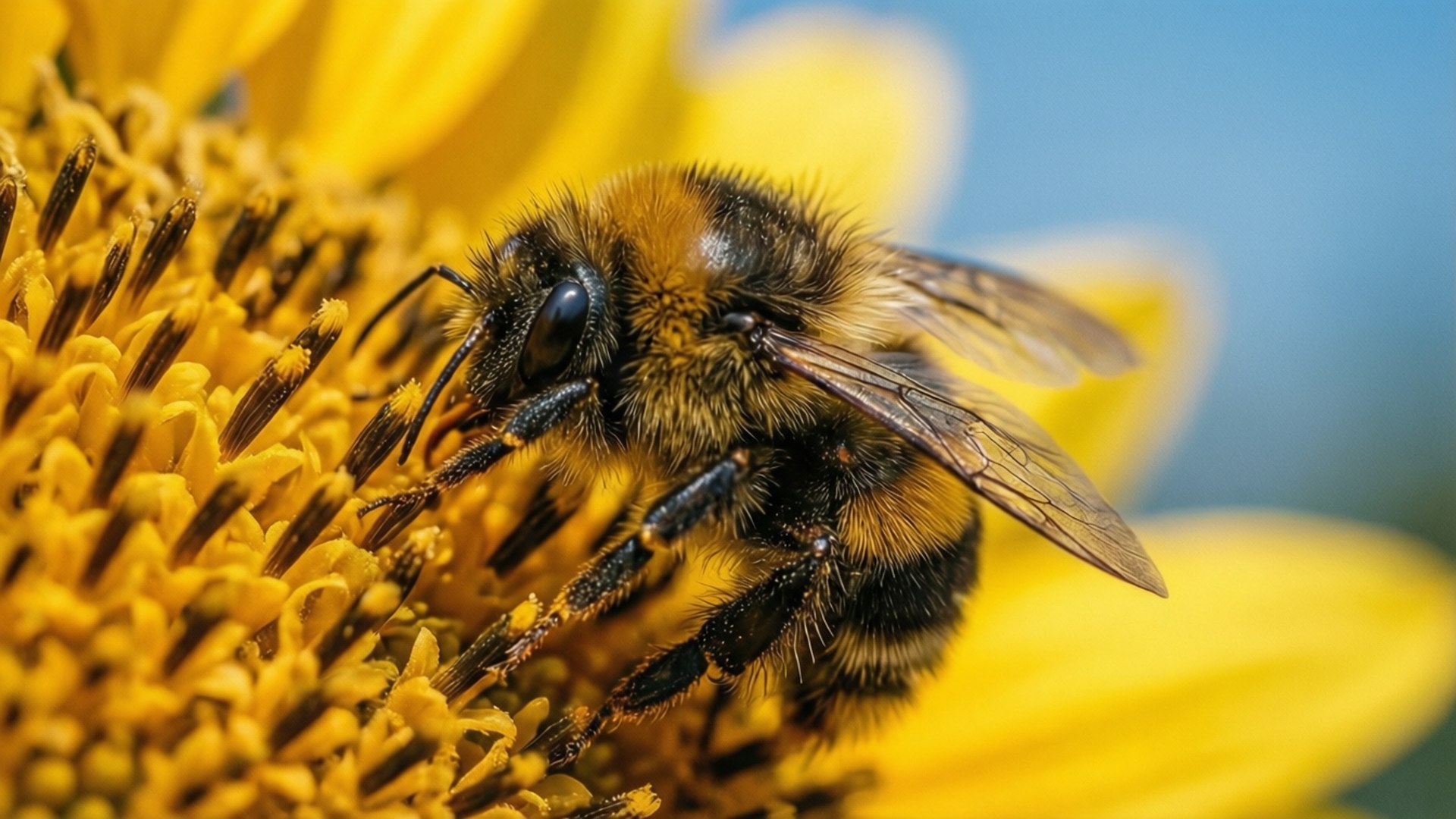 Nærbillede af en bi på en solsikke med pollen, blå himmel bokeh baggrund.