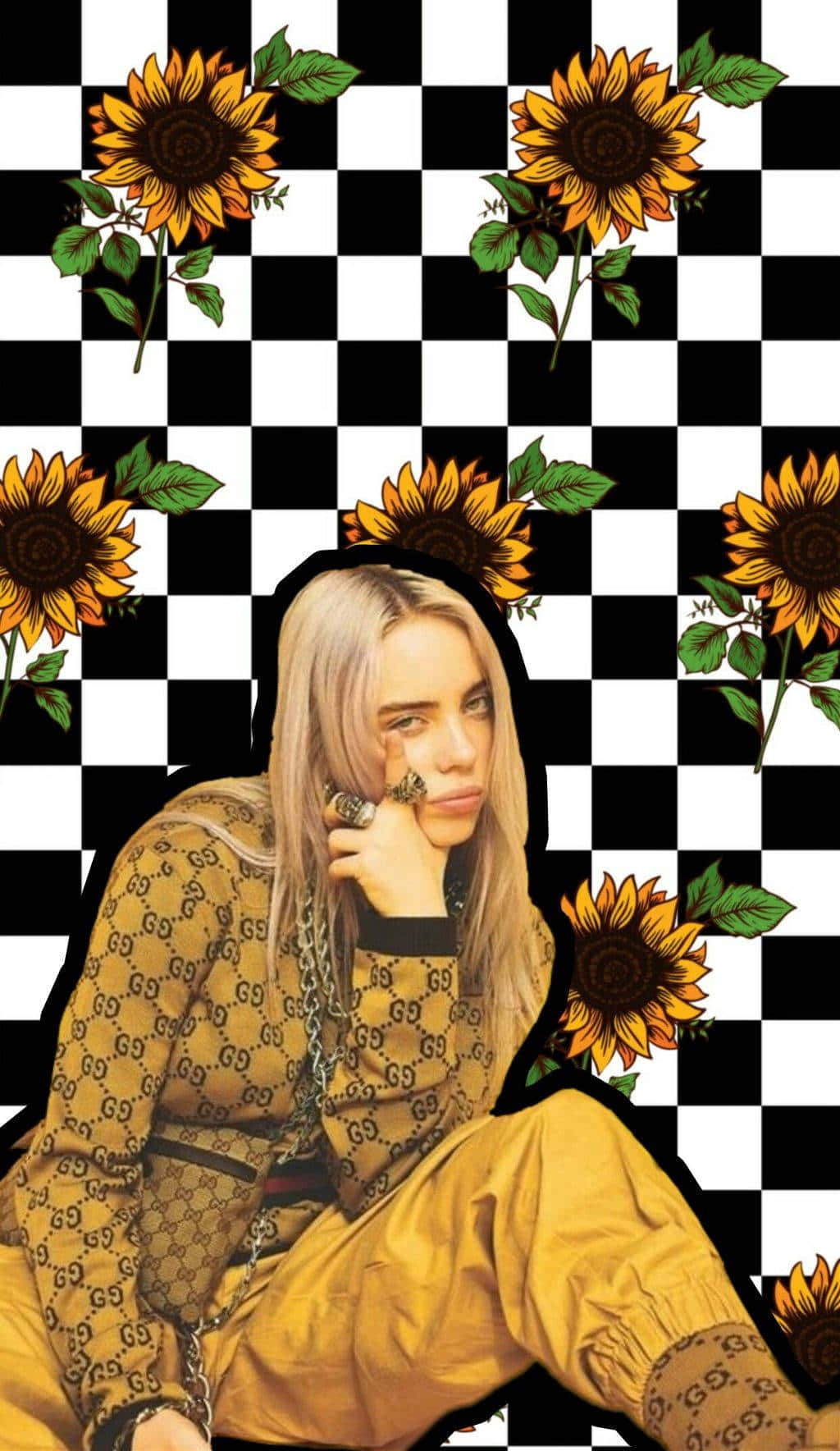 Sunflower_ Checkered_ Background_with_ Fashionable_ Figure Wallpaper