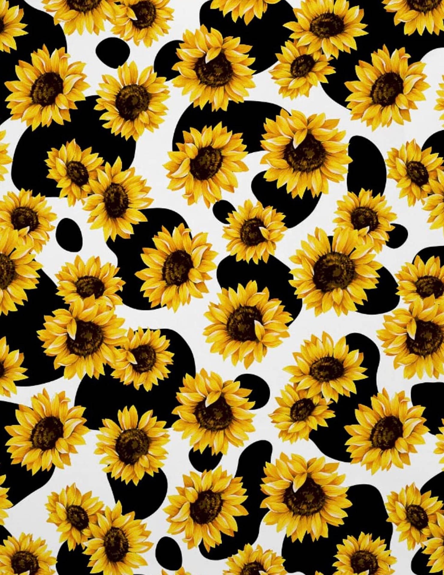 Caption: Vibrant Sunflower Amidst Cow Print Pattern Wallpaper