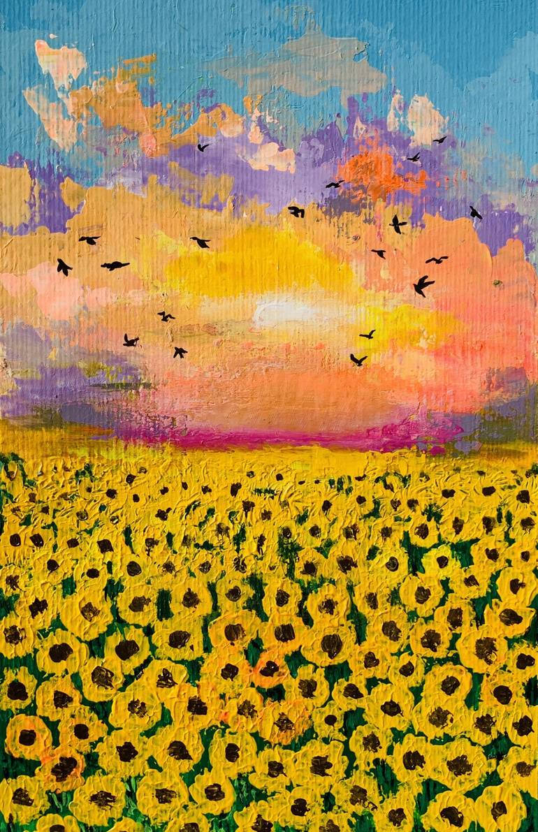 Sunflower Field Colorful Sky Painting Wallpaper