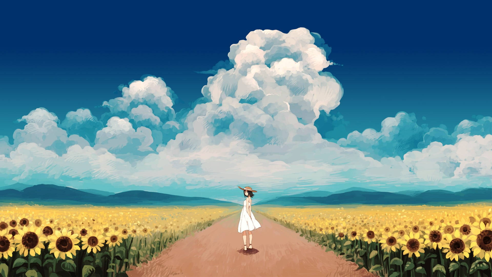 Sunflower Field Girl Painting Wallpaper