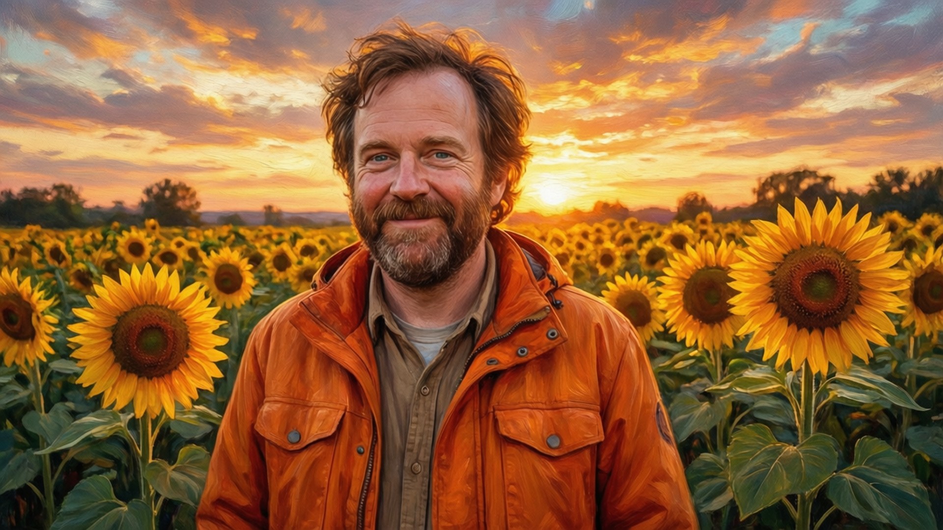 Kenny auringonkukkakentällä auringonlaskun aikaan, lämmin ja rauhallinen.