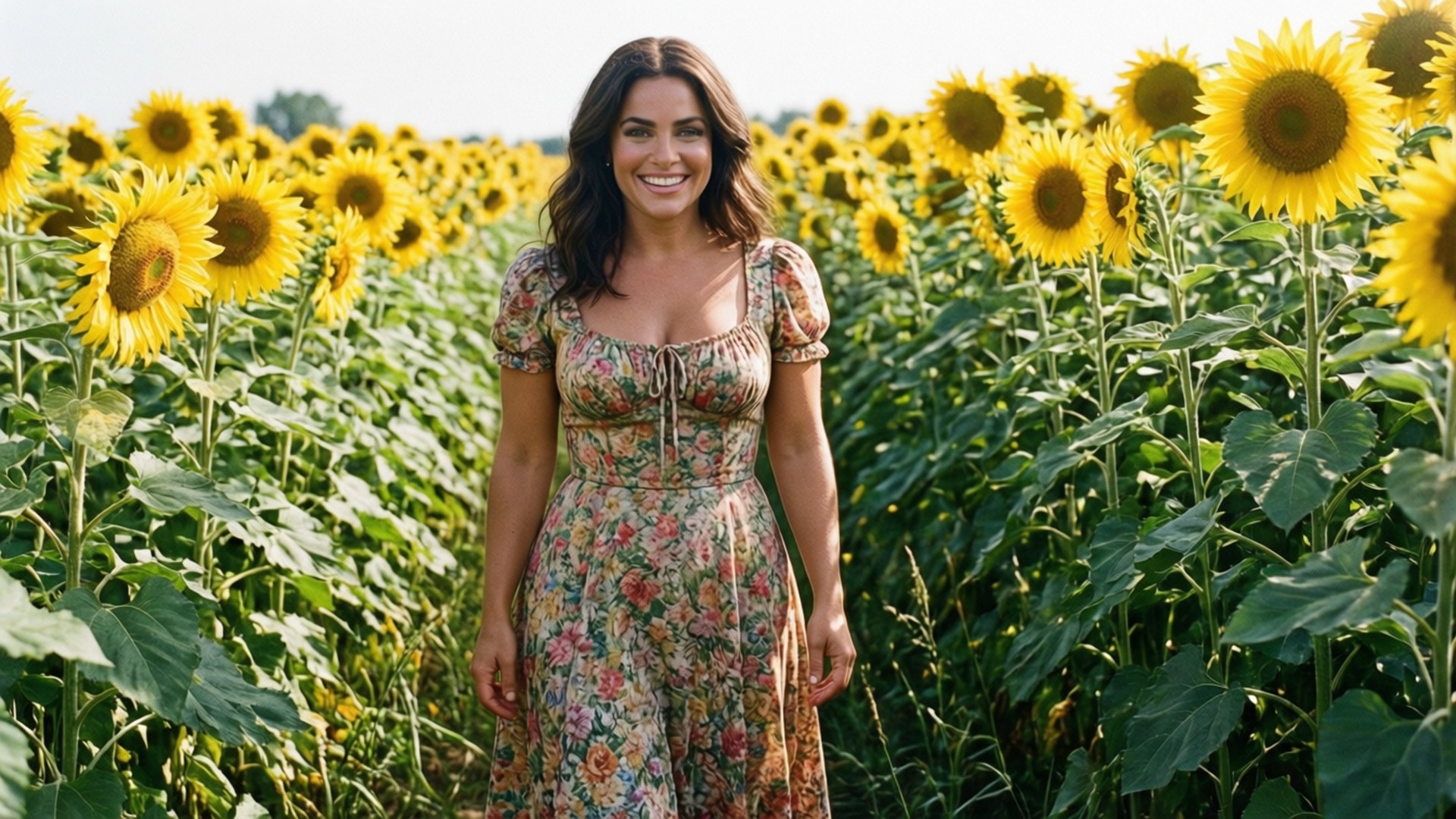 Sonnenblumenfelder Hintergrundbilder — Lea Michele in Blumenkleid im Sonnenblumenfeld