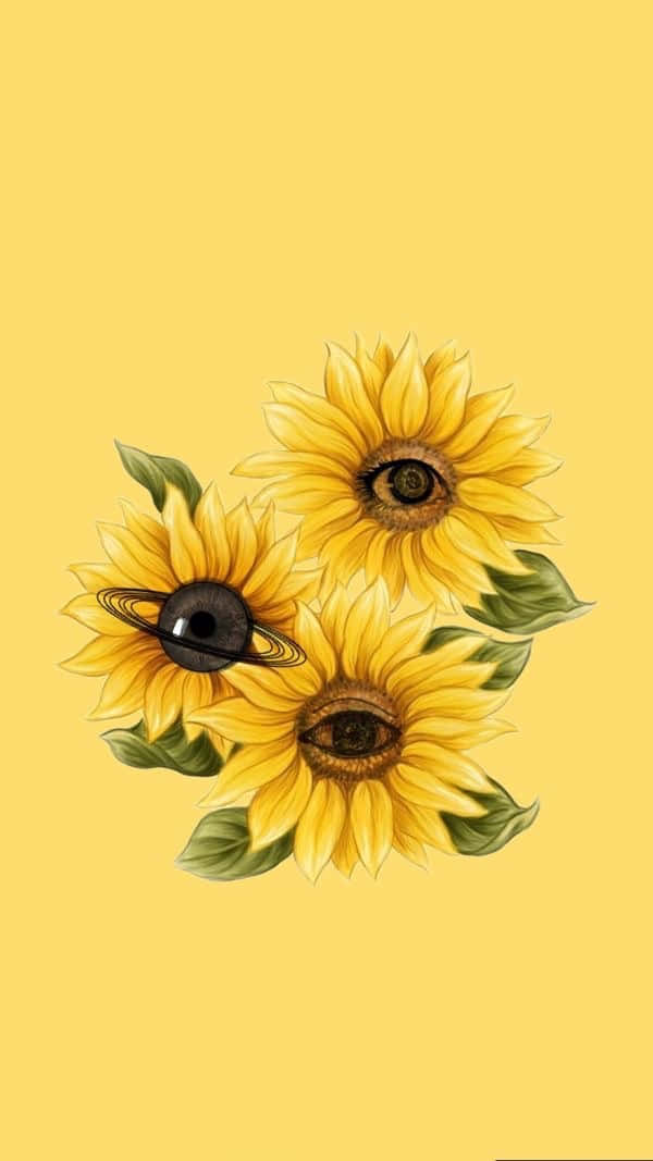 Sunflowers With Black Eyes On A Yellow Background Wallpaper