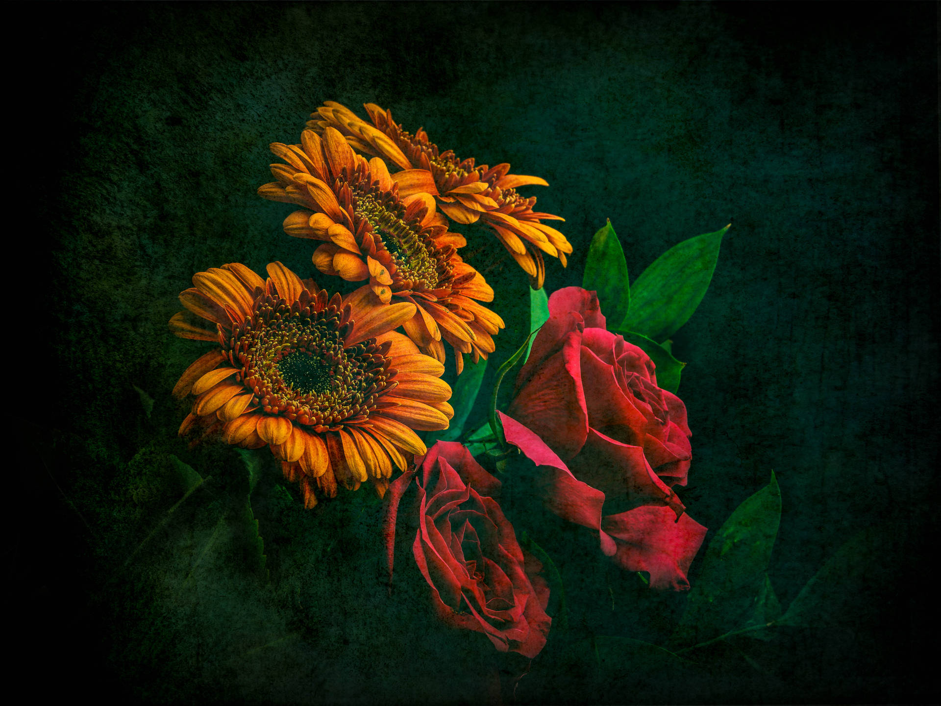 Dark Sunflowers And Roses Wallpaper