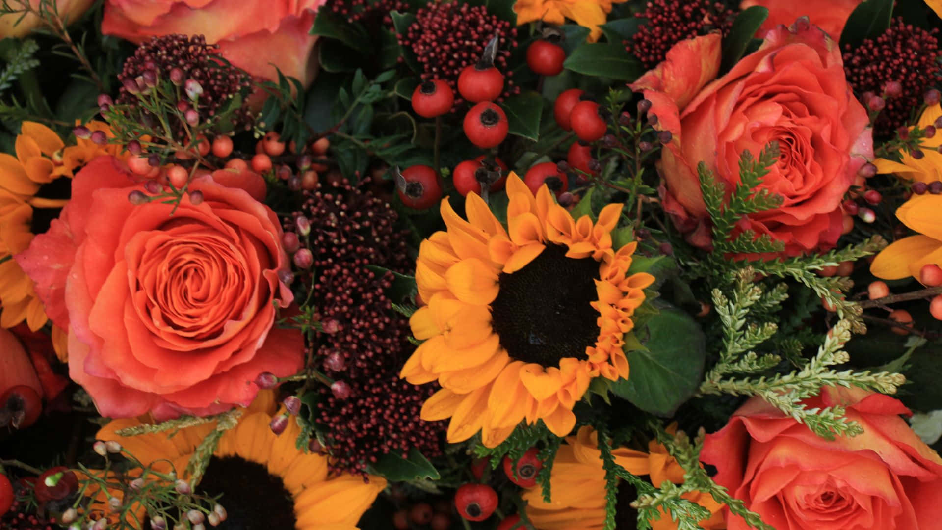 Einstrauß Aus Orangefarbenen Rosen Und Sonnenblumen Wallpaper