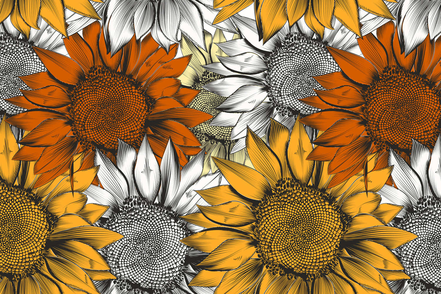sunflowers in a pattern with orange and white flowers